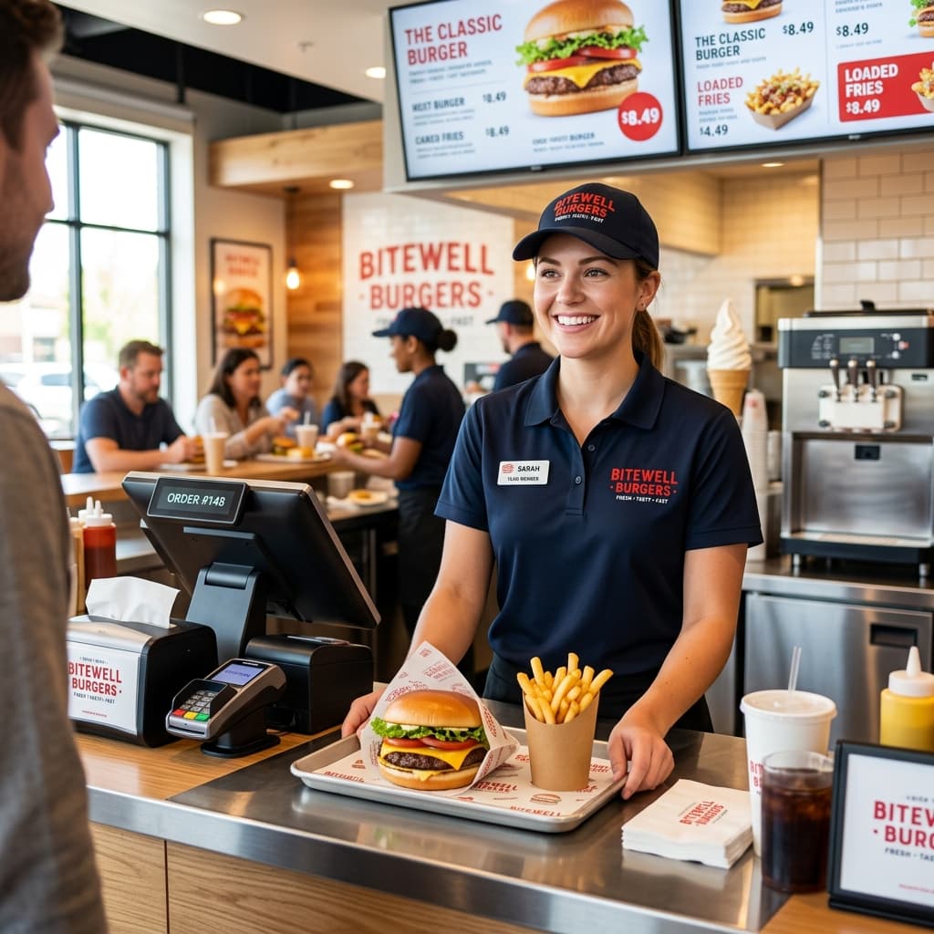 Verified fast-food worker serving order on Aya Sir G!