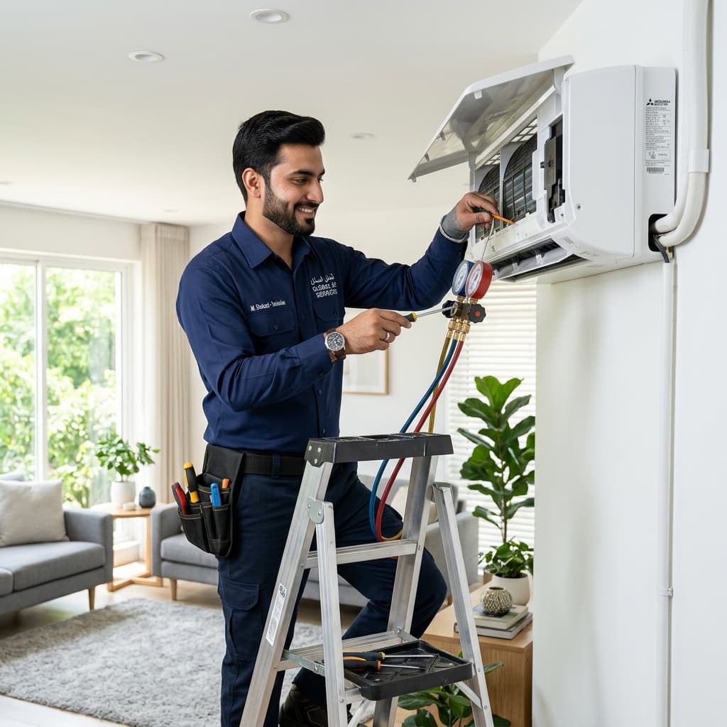 Verified AC technician in Pakistan repairing split cooling unit