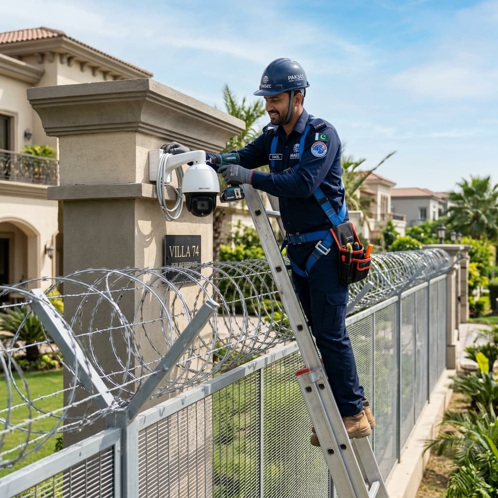 Verified security installer mounting CCTV camera on Aya Sir G!