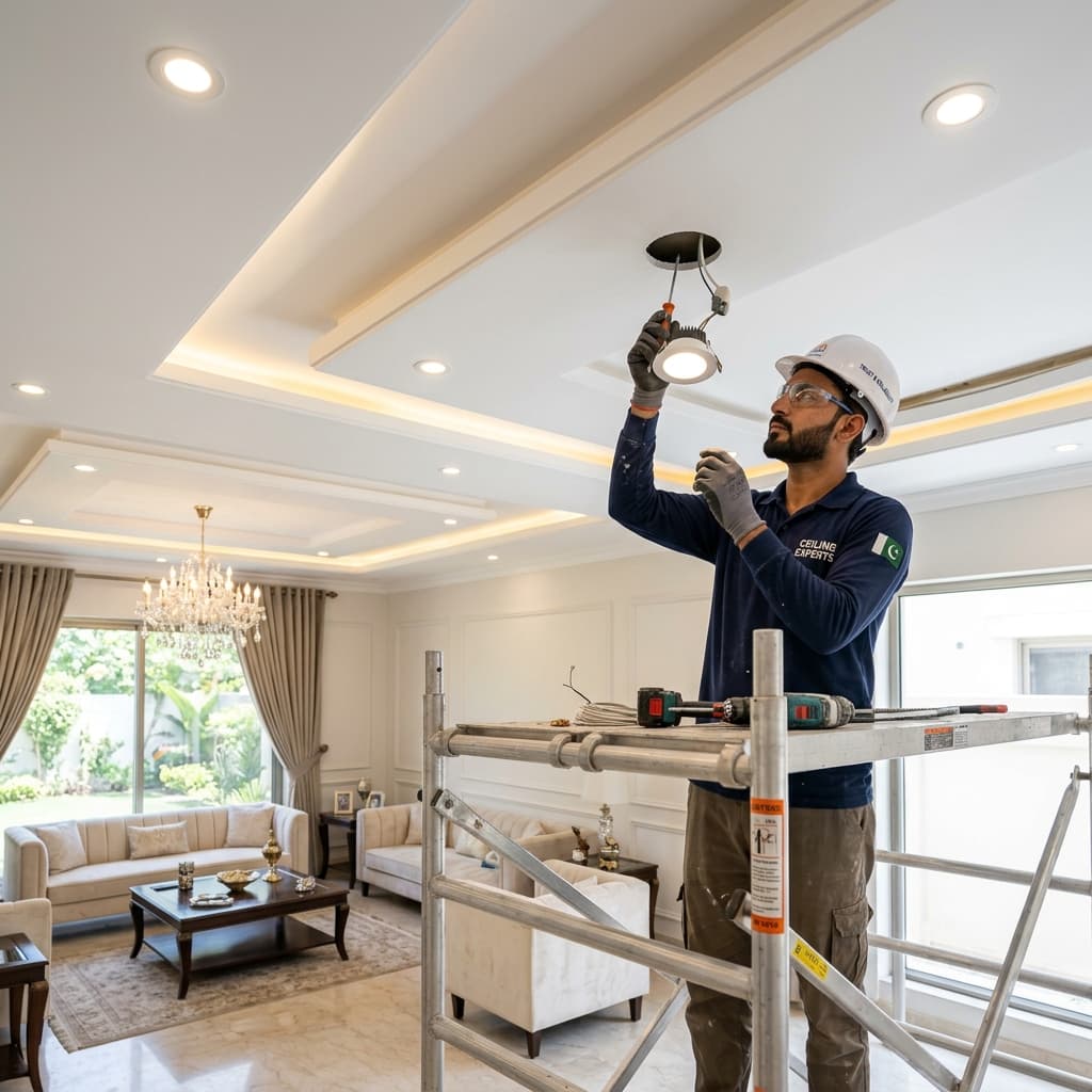 Verified ceiling work specialist installing plaster ceiling on Aya Sir G!
